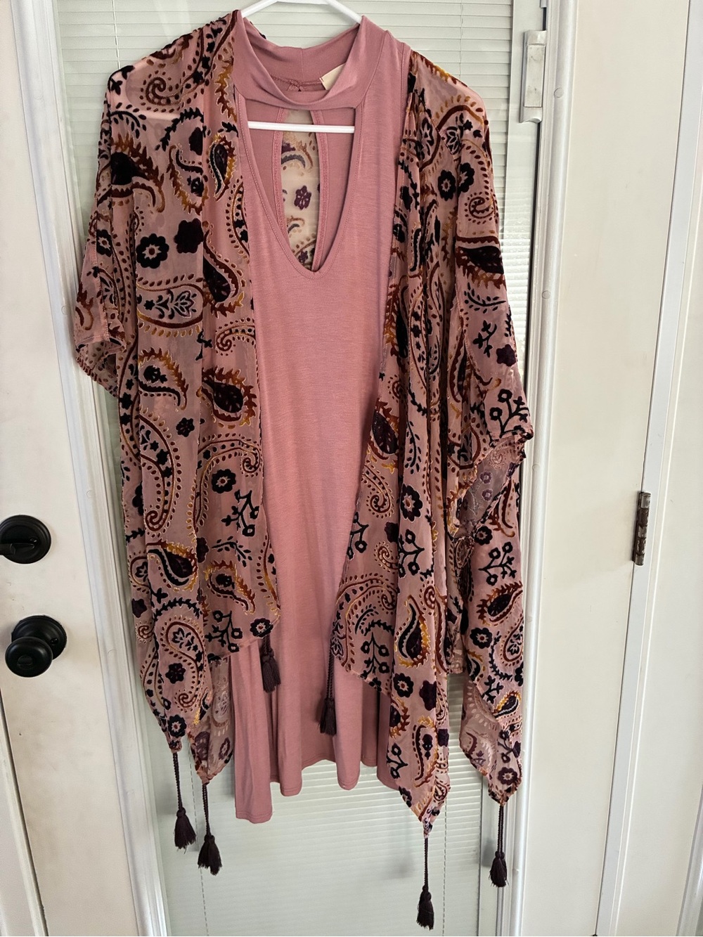 Caution To The Wind Blush Pink V‑Neck Mini Dress with Paisley Kimono